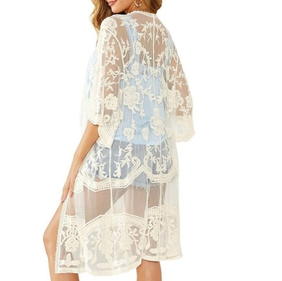 LS Woven Chiffon Floral Lace Open Front Sheer Kimono Duster Ivory - Picture 7 of 8